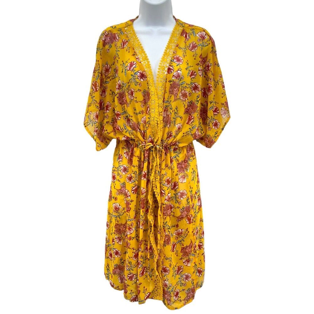 Derek Heart Short Sleeeve Floral Cover Up Tie Up Kimono Large Boho Festival